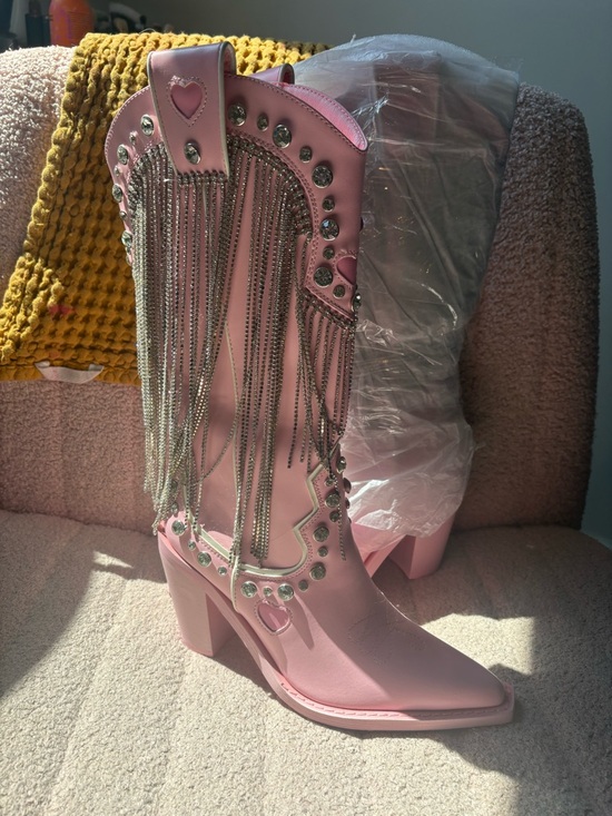 Dolls Kill Shoes - Dolls Kill Pink Rhinestone Fringe Heart Western Boots